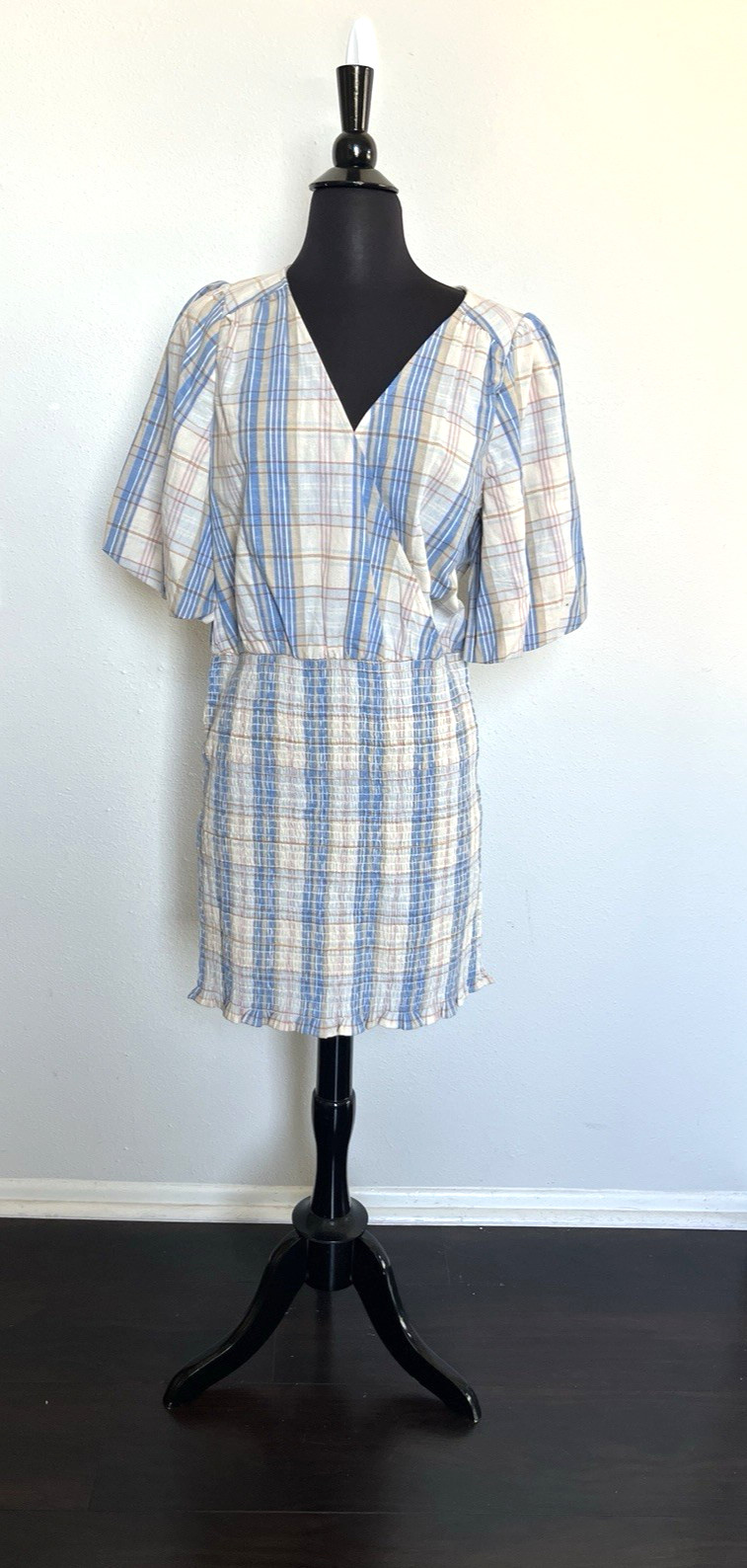 Sezane Olga Dress Sz 40 US8 Camel Blue Plaid Smocked Skirt Blouson Mini