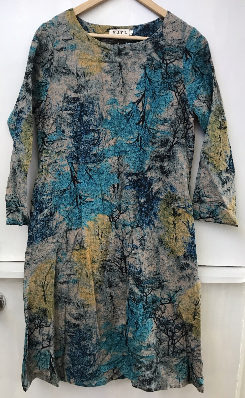 YJYL Womens Green Multicolor Tree Print Shift Dress 3/4 Sleeve Size M Medium