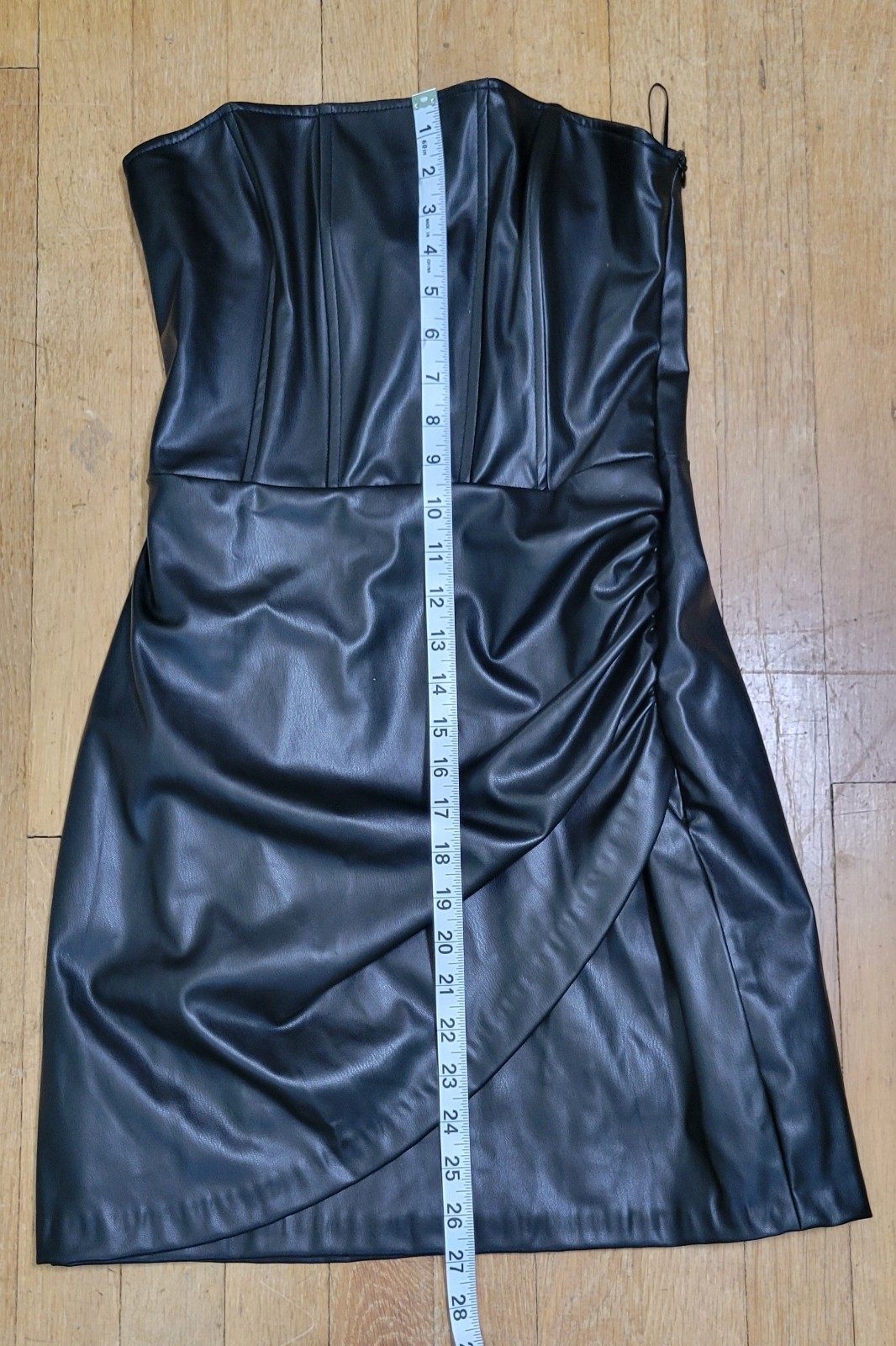 ZARA Black Strapless Faux Leather Ruched Mini Bodycon Dress Women’s M