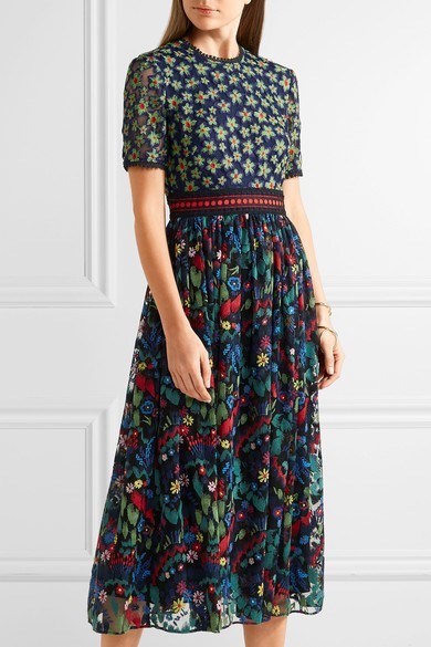 NWOT Saloni Jackie Crochet Embroidered Tulle Midi Dress, Size 0, Retail $1060