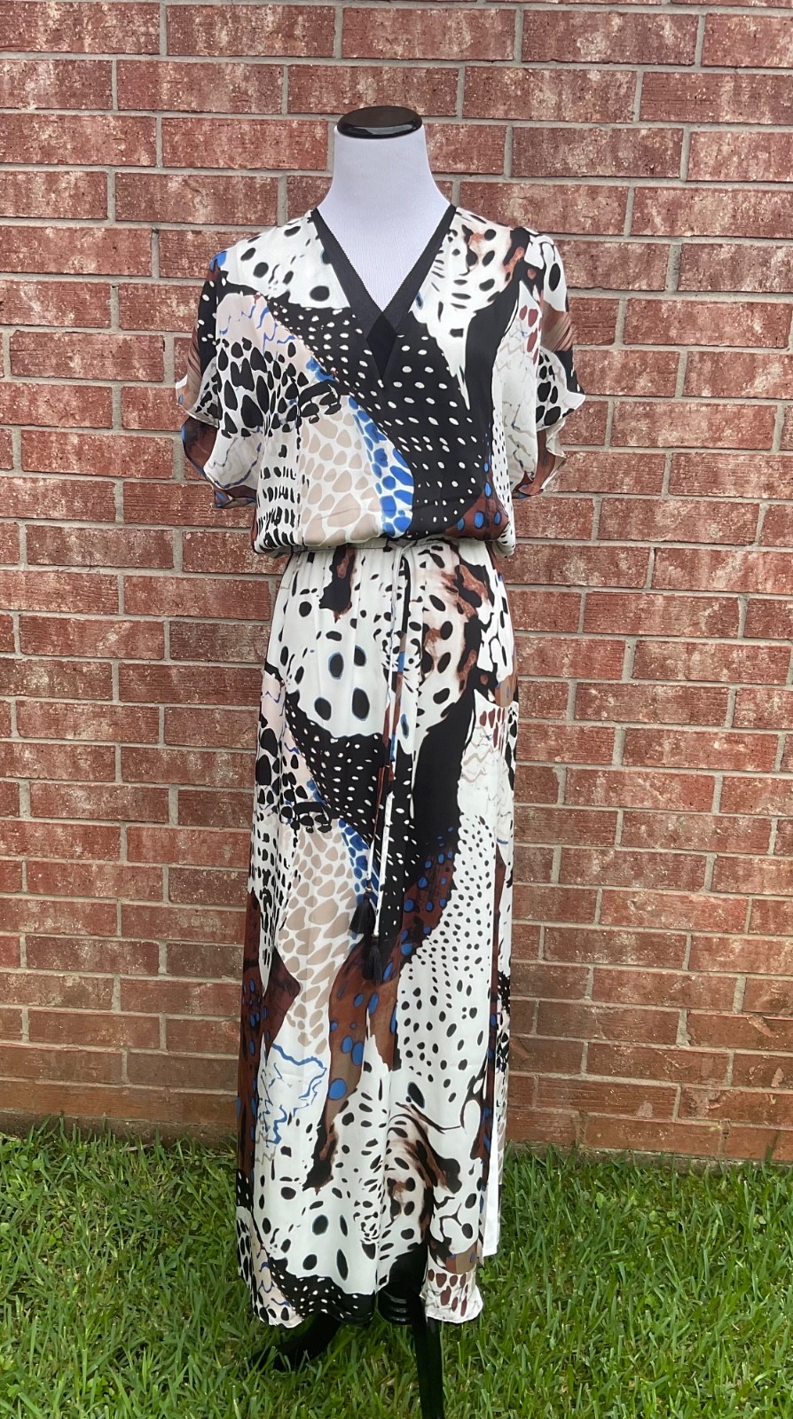 WHBM Maxi Overall Dress Abstract Wild Cheetah Print Brown Blue White Black S