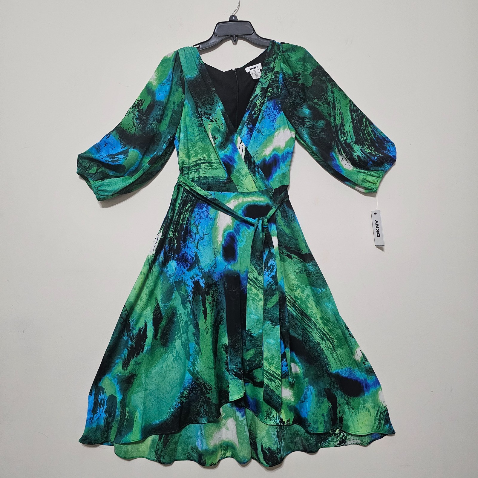 DKNY Women Dress 8/Medium A-Line Green Black Long Balloon Sleeves Vneck Belt 864