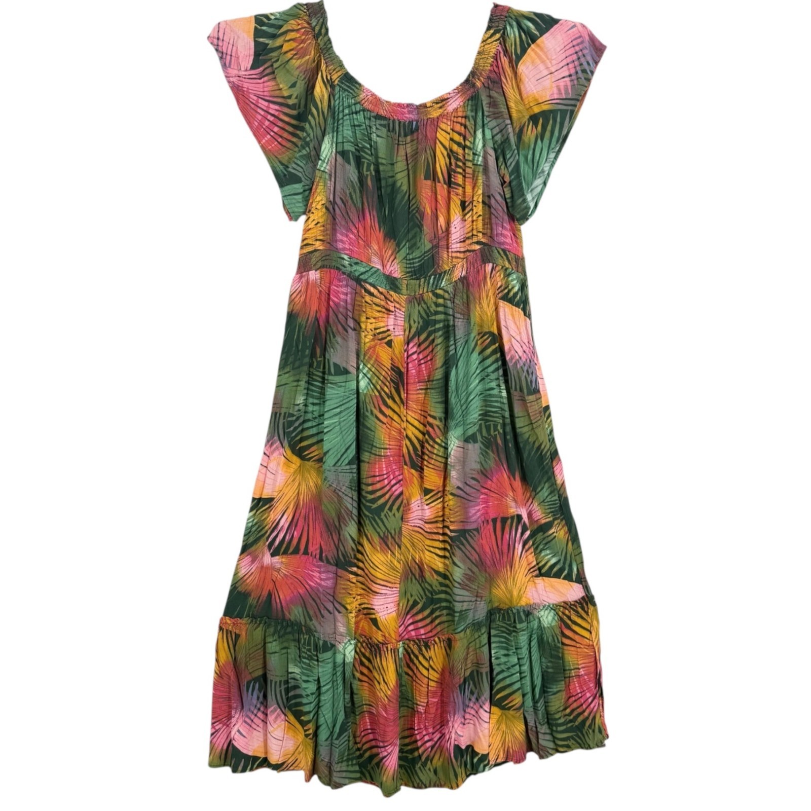 Terra & Sky Summer Tropical Green Pink Maxi Dress 2X 20W-22W Off Shoulder NWT