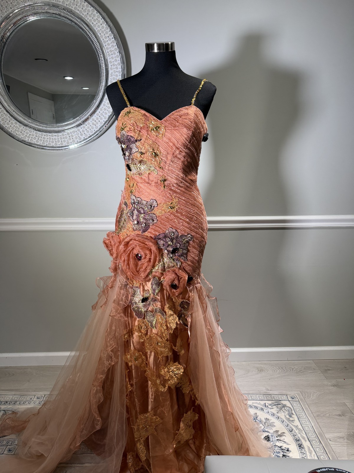 Sera Bella Coral Floral Applique Ruffle Strapless Prom Gown Size 10