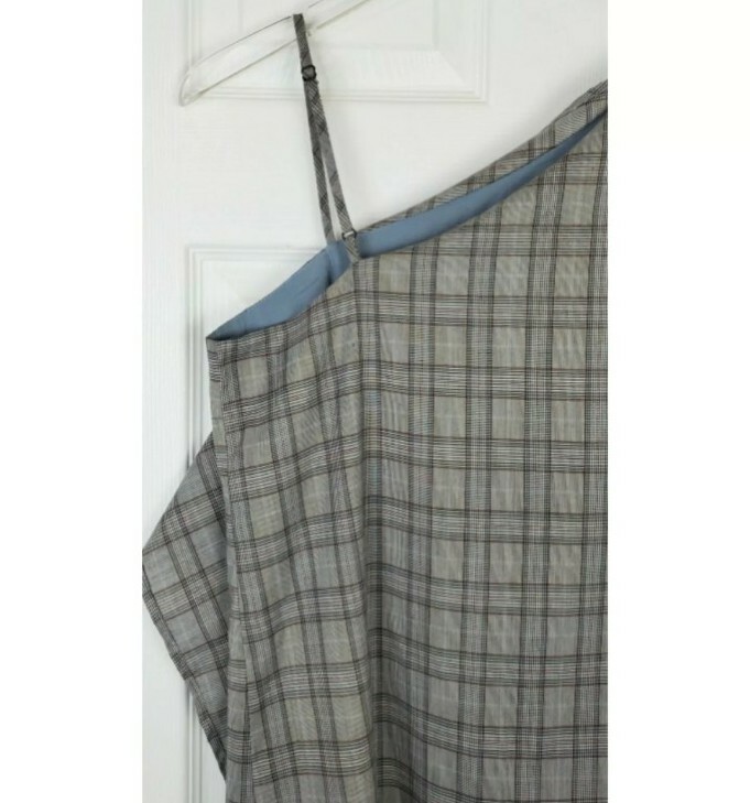 Sugarlips one shoulder side ruffle plaid gingham grey shift dress