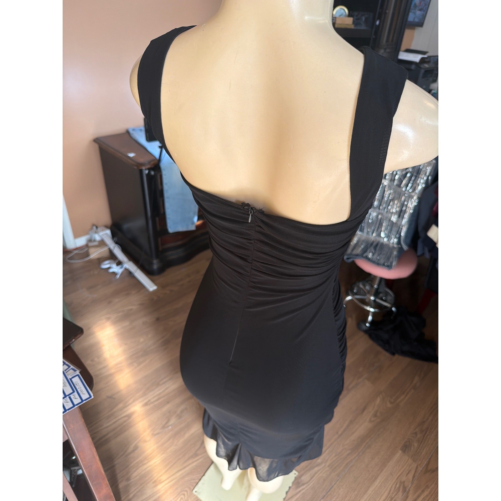 Black Sleeveless Ruched Bodycon Dress with Ruffle Mesh Hem Low Back Cocktail