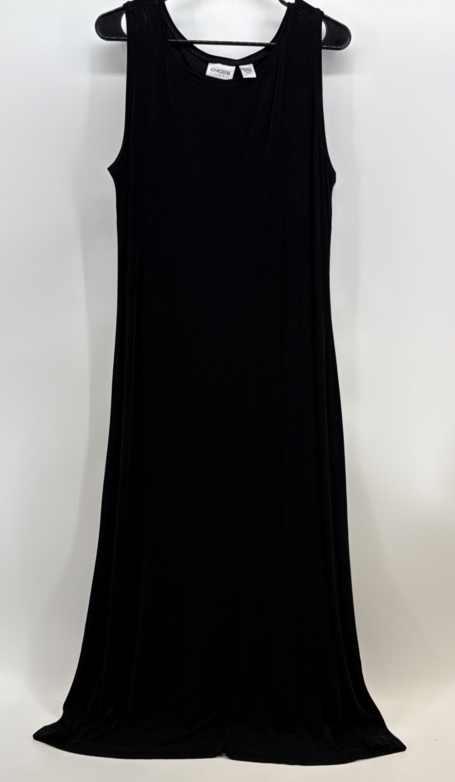 Chicos Traveler Tank Dress Sz 3(16) Acetate/Spandex 40″L Black Sleeveless EUC