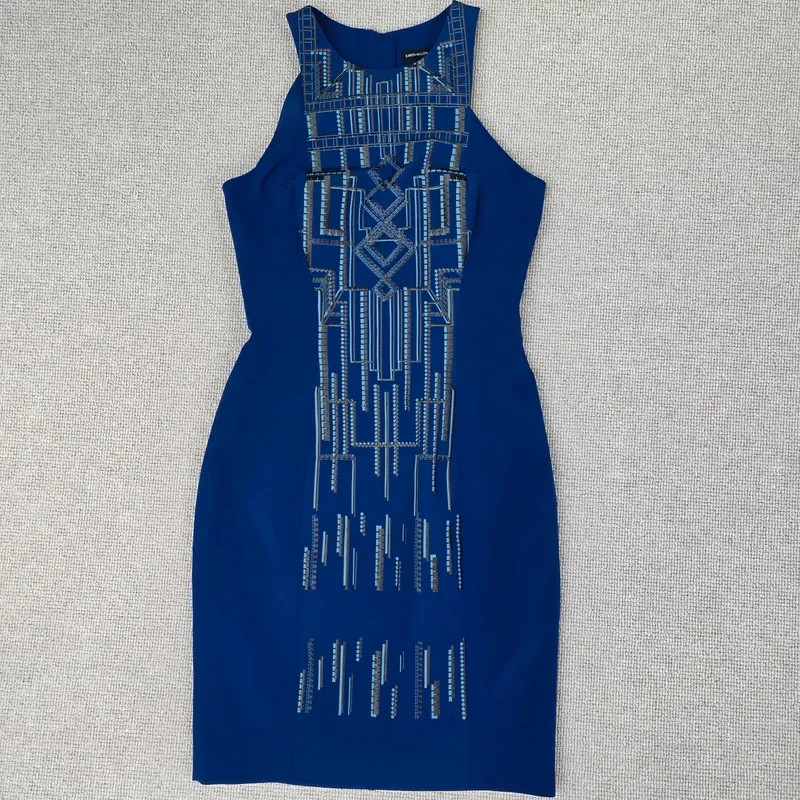 Karen Millen Blue Tribal Embroidery Pencil Dress – Size 8