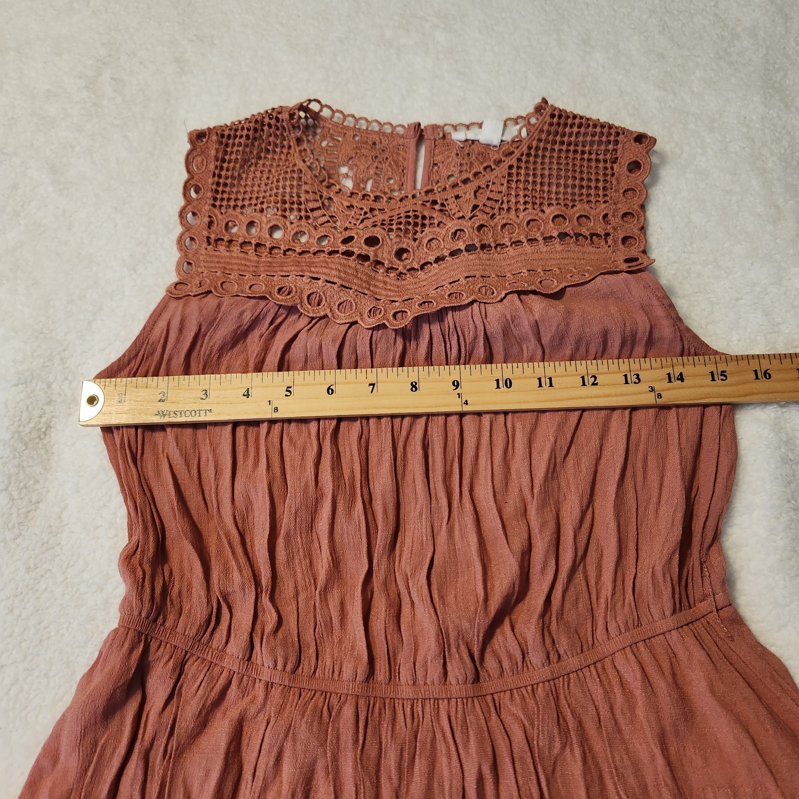MINE Blush Pink Crochet Lace Accents Sleeveless Smocked Lined Mini Dress Size S