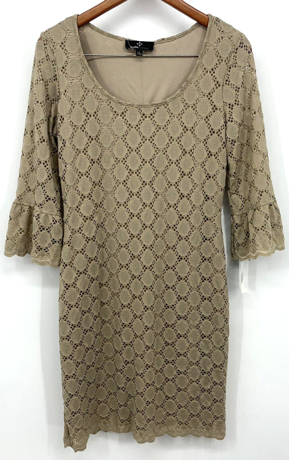 Ronnie Nicole Dress Women 6 Shift 3/4 Ruffle Sleeve Tan Scoop Stretch New B59FS