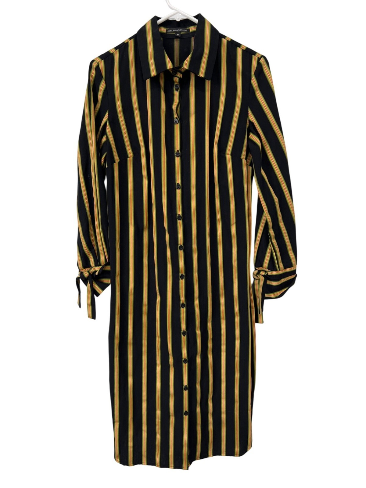 Joeleen Torvick Stripe Button Front Shirt Dress Size Small Tie Cuffs Black Multi