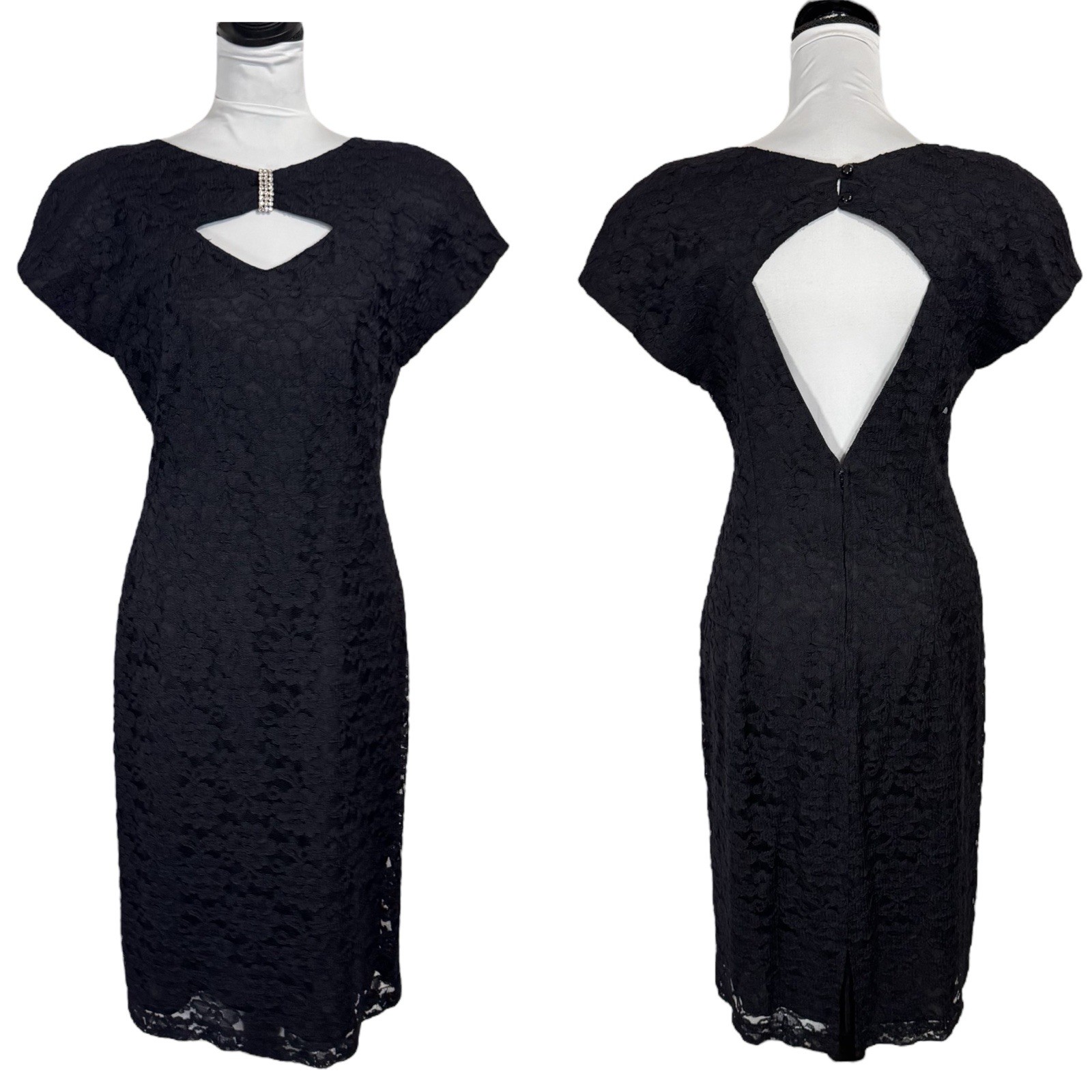 Vintage 90s Black Lace Dress Size 10 Cutout Open Back Shoulder Pads Party Sexy