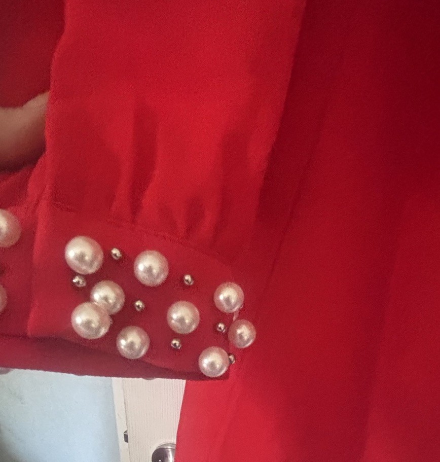H&M Women’s Red Solid Shift Short Dress Round Neck Beaded Cuffs Zip Sz 14