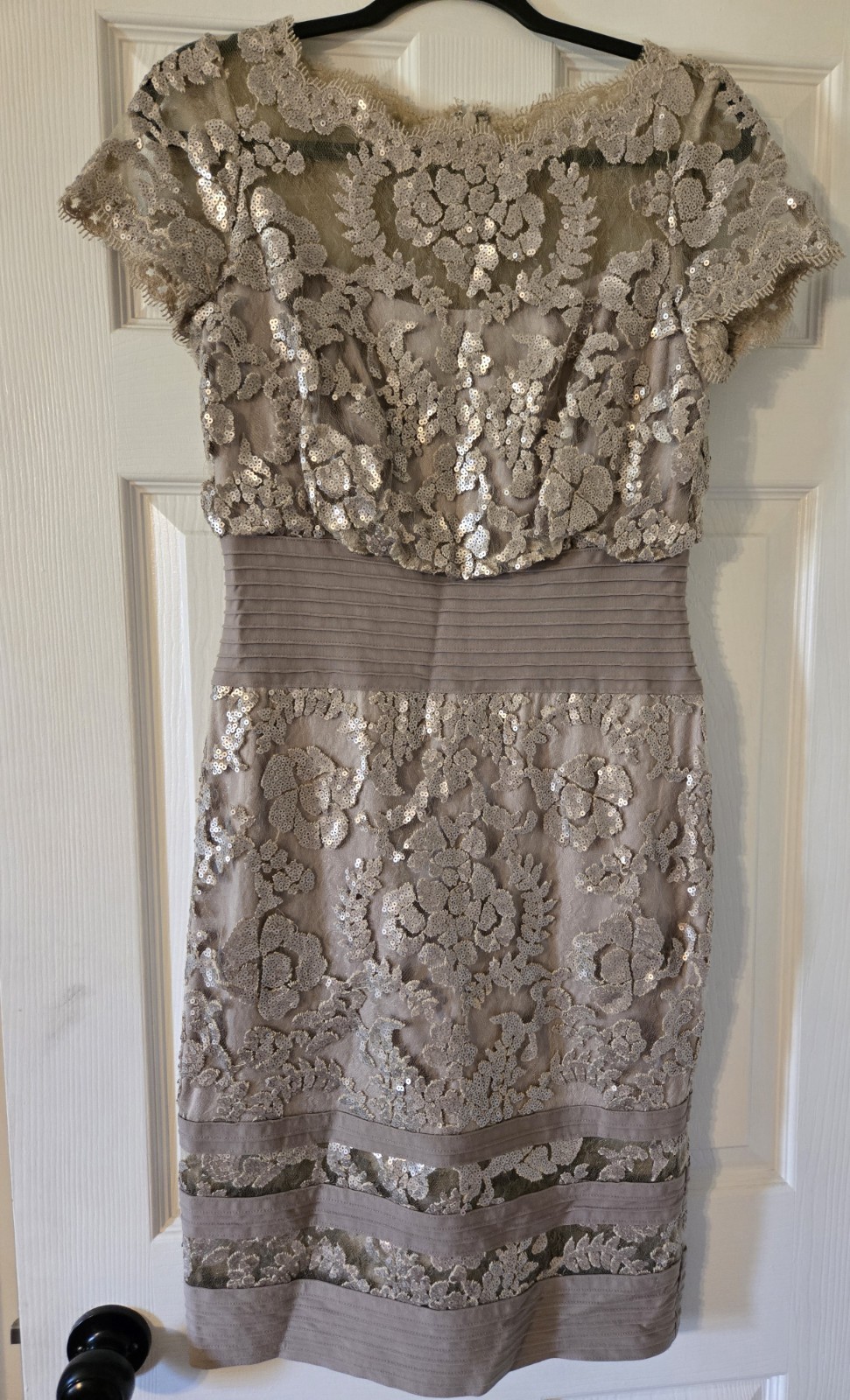 Tadashi Shoji Sequin Lace Blouson Pintuck Illusion Sand Grey Dress