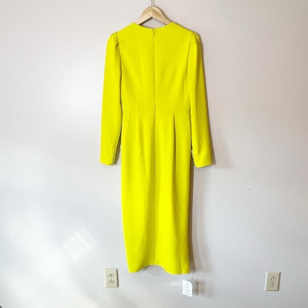 Self-Portrait Crepe Ruched Midi Dress Lime Green Puff Sleeve 6 NWT