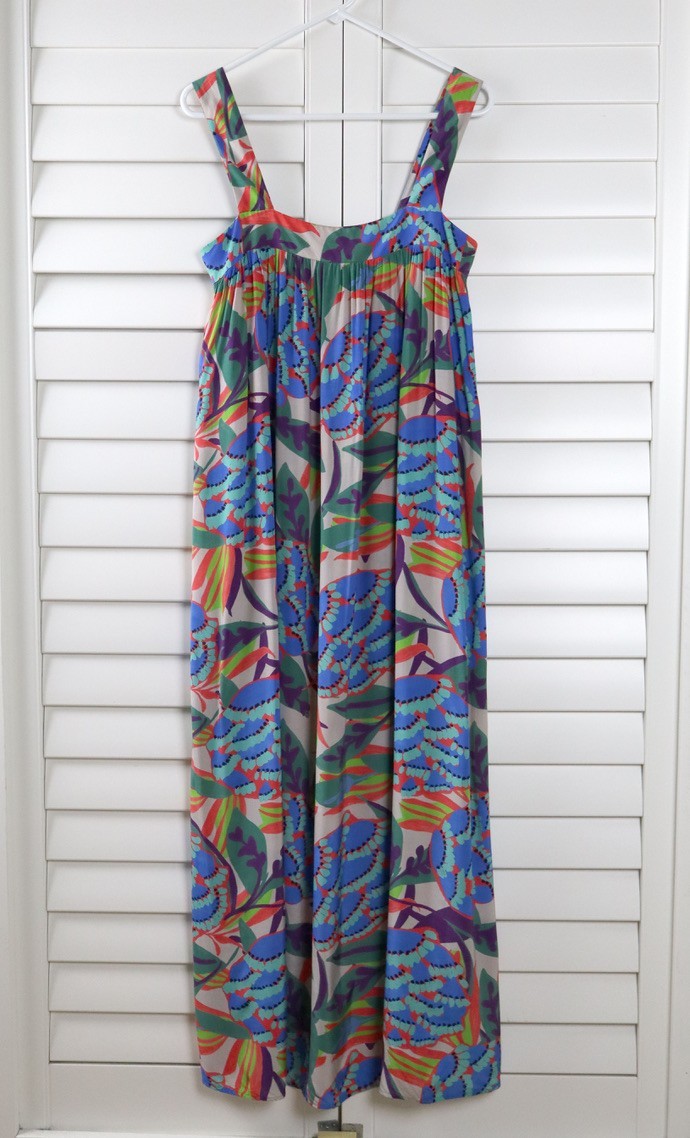 IRIS & INK $260 Shirred Vibrant Floral Print Maxi Apron Tank Dress Size 10