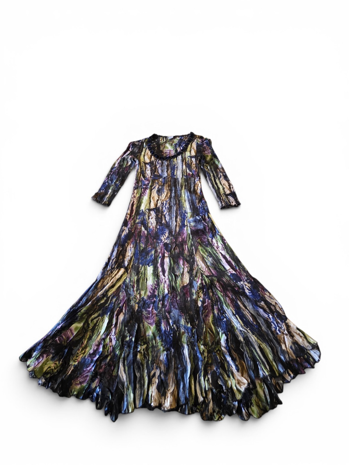NWT Alberto Makali Pleated Midi Dress M Blue Green Abstract Beaded Velvet Trim
