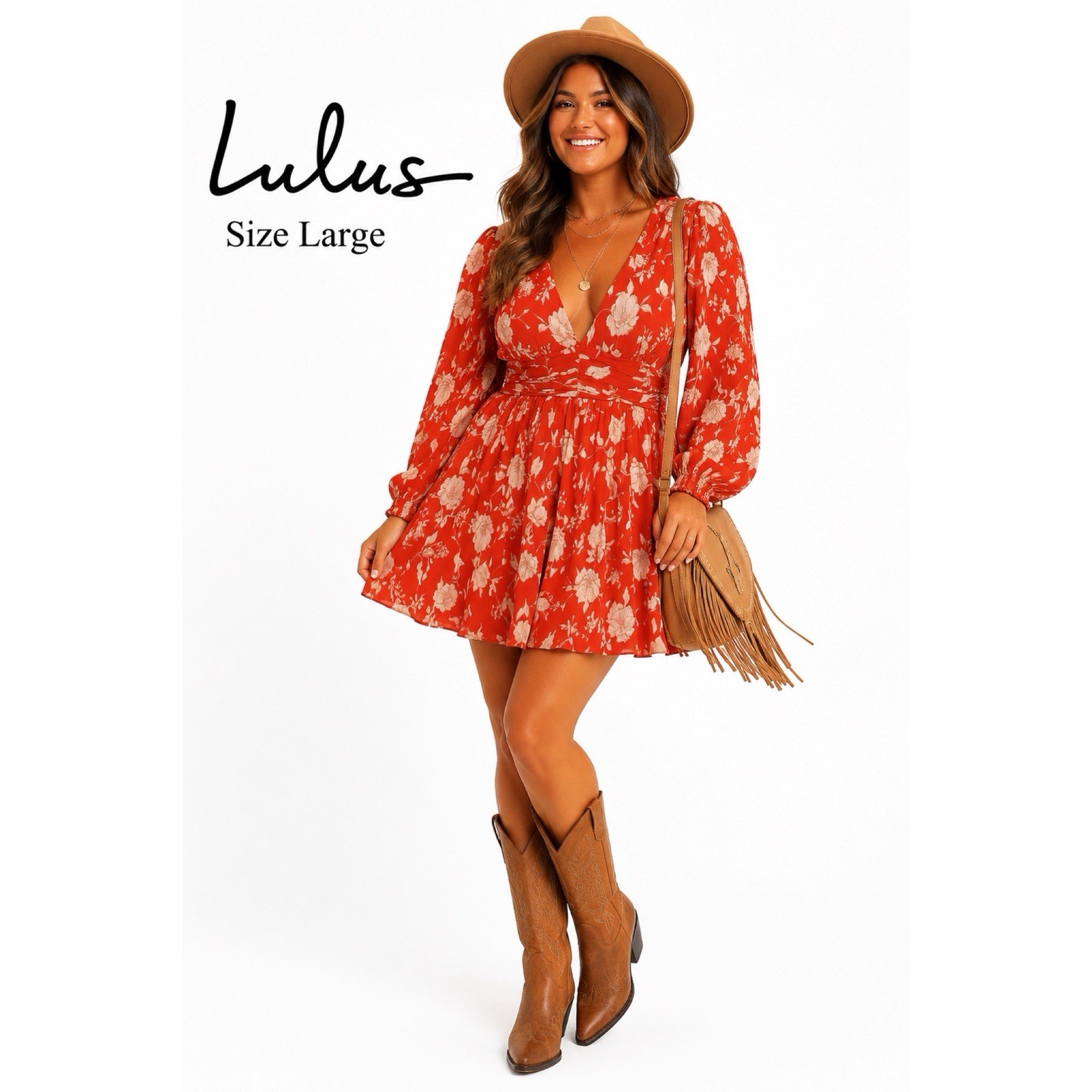 Lulus Burnt Orange Floral Print Long Sleeve Dress Size Large