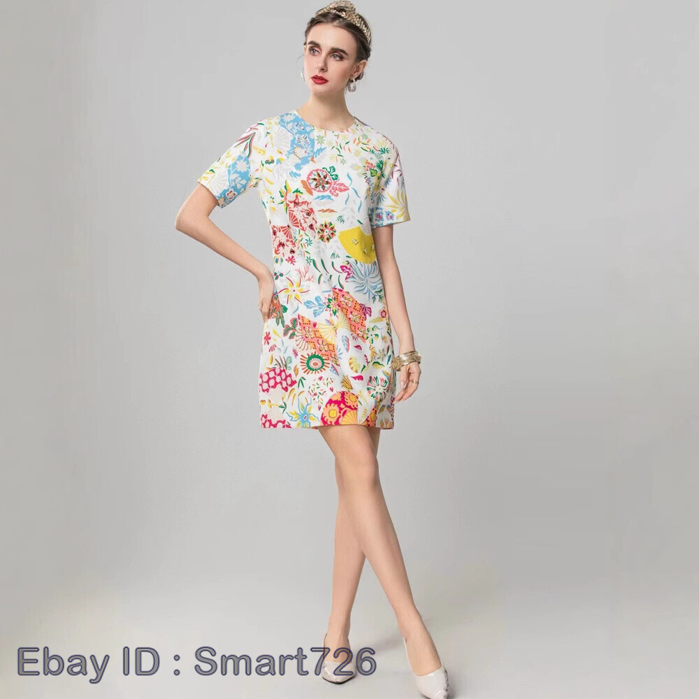Occident Runway New Beaded Women’s Loose Short Sleeve Printed Midi Dress A-line