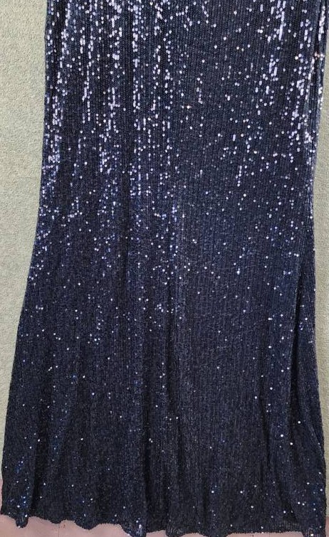 Aqua Formal Long Allover Sequined Bow Dress Women’s 12 Navy Asymmetrical Neck
