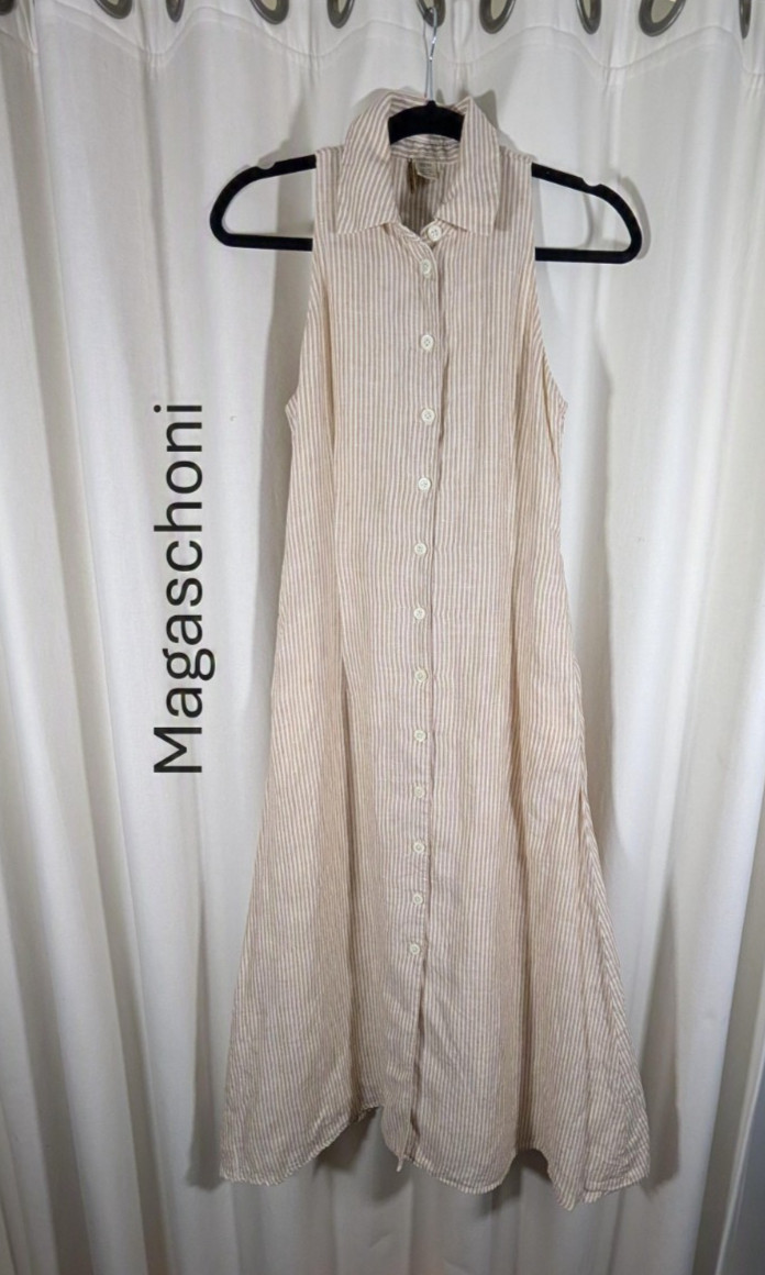 Magaschoni Sleevless Beige Striped 100% Linen Maxi Dress Button Down Sz XS 1122