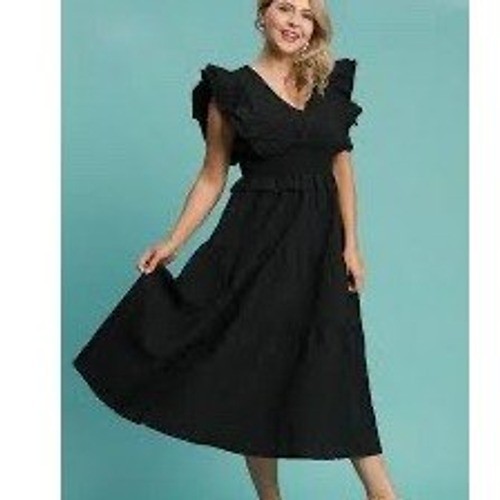 NWT Umgee Black Smocked Midi Dress Whimsigoth Ruffle Eyelet Sleeve Tiered Large
