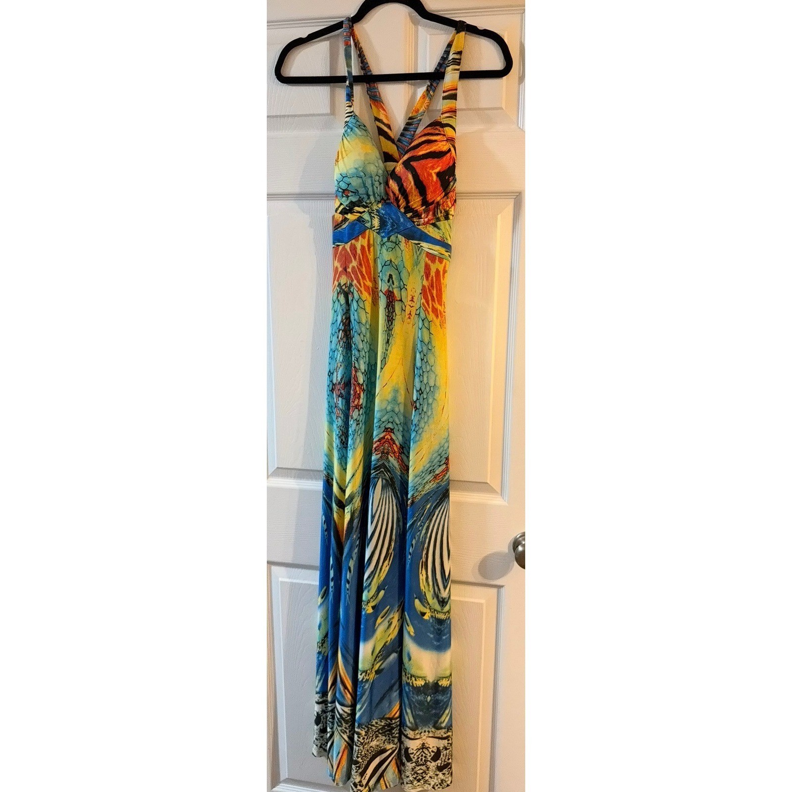 Miss Morena Multi Color Tropical Animal Print V-Neck Maxi Dress Sleeveless 0197