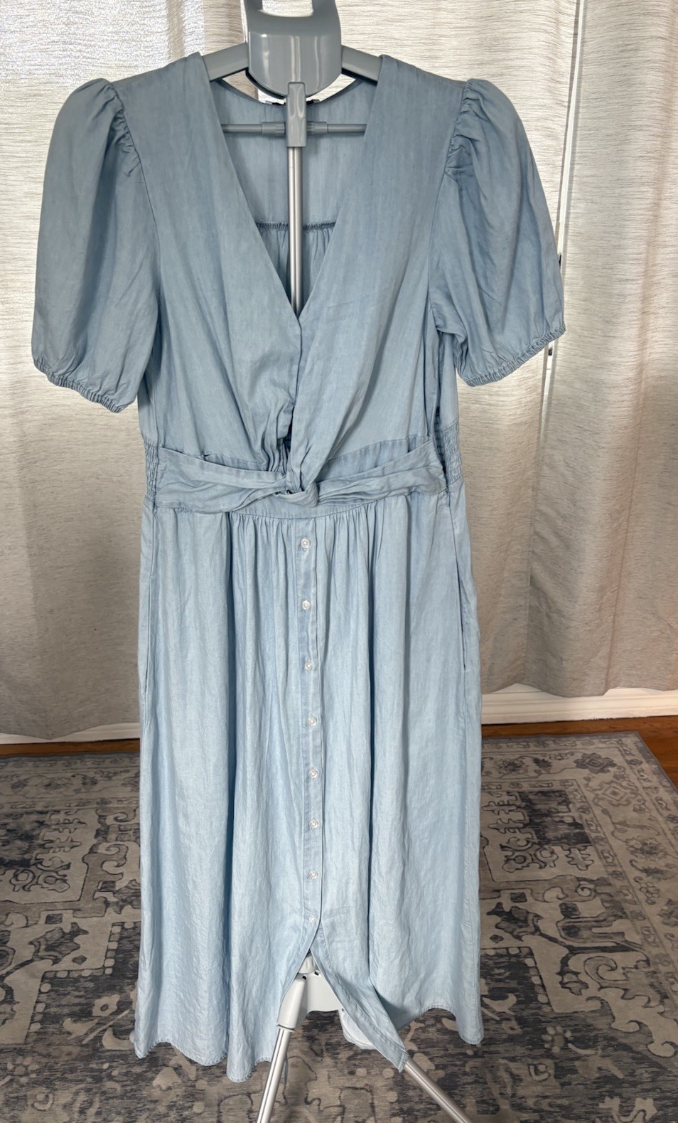 Sam Edelman Chambray V Neck Twist Front Maxi Shirtdress Puff Sleeve NWT 12