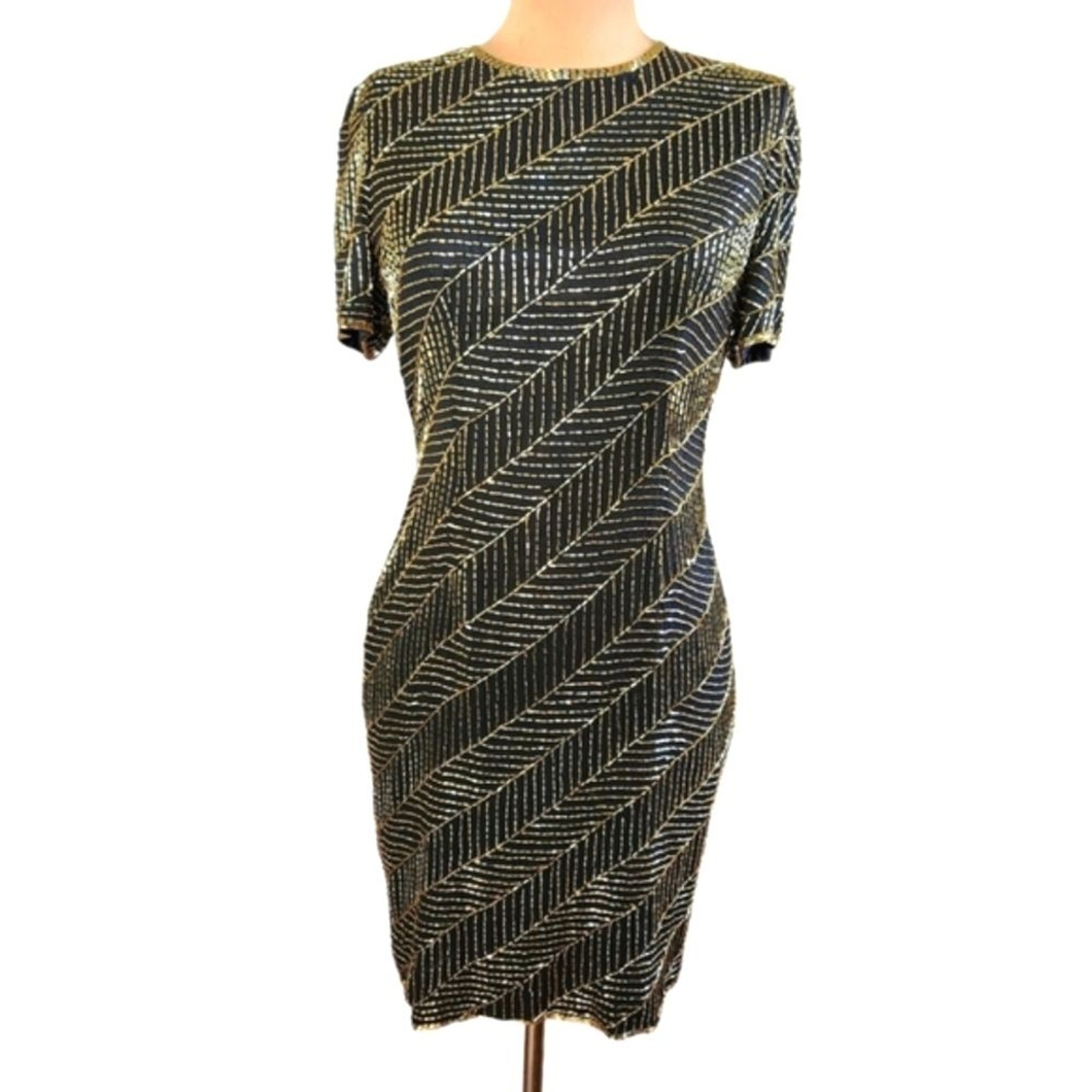 A.J. BARI Vintage 1980s Silk Beaded Sheath Dress – Size 10