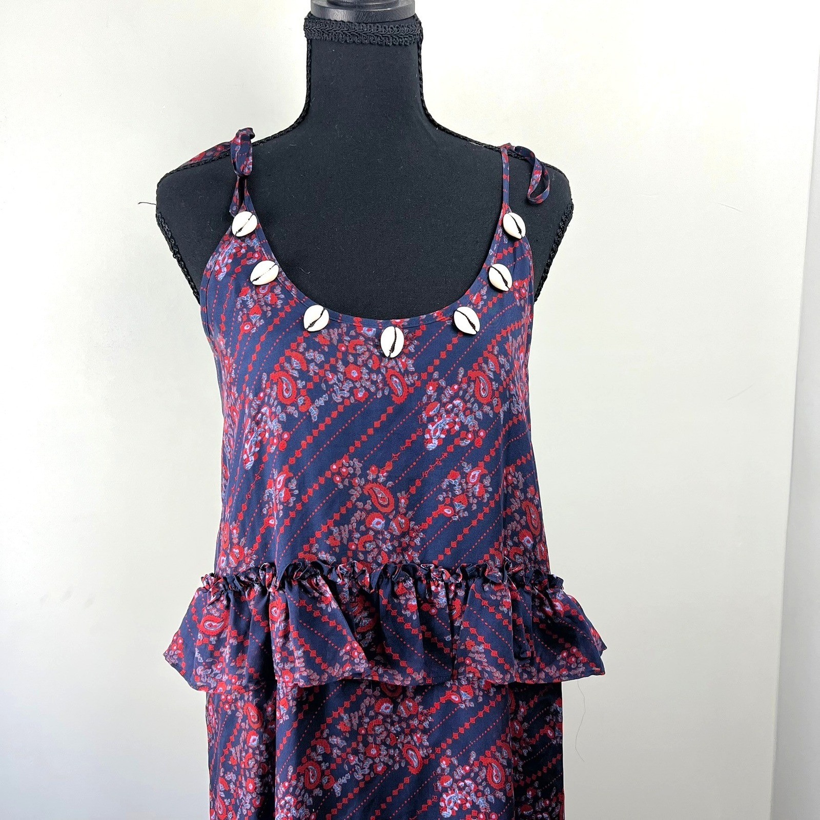 Figue Alina Paisley Silk Cowrie Shell Ruffle Maxi Dress S Boho Resort Luxury
