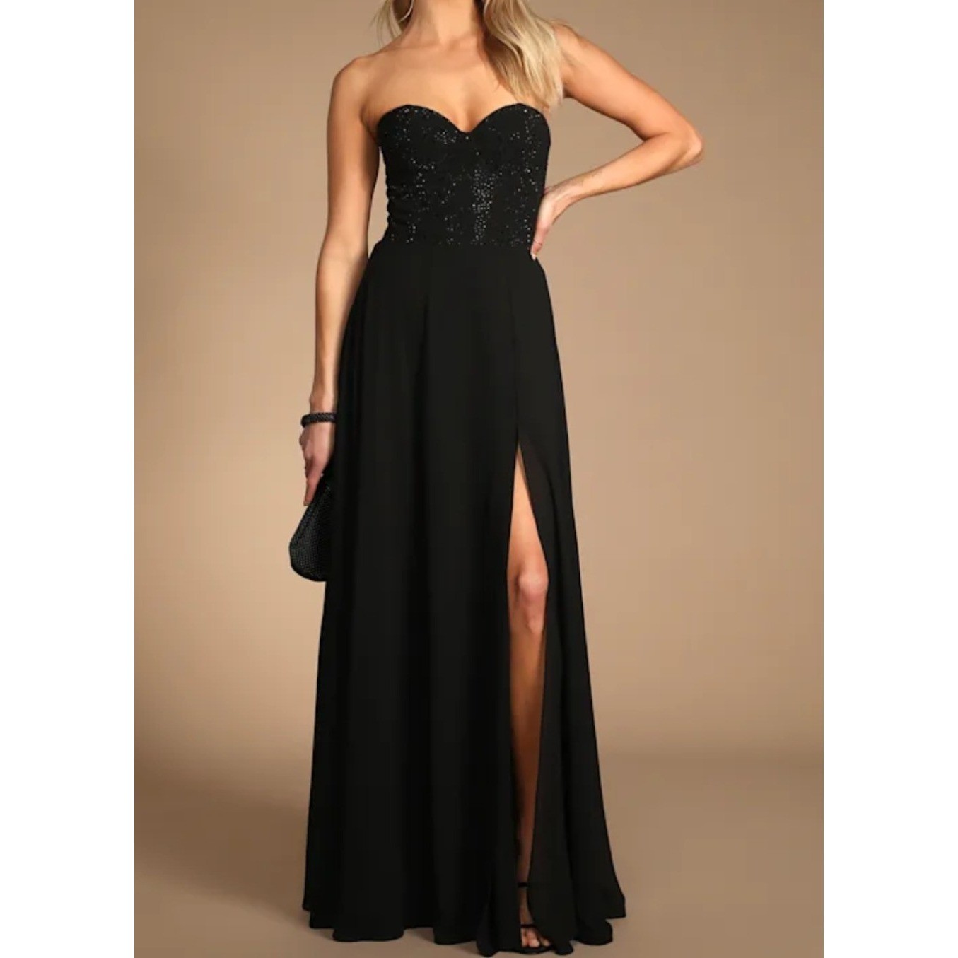 Lulus Remember This Moment Black Rhinestone Strapless Maxi Dress Sweetheart M