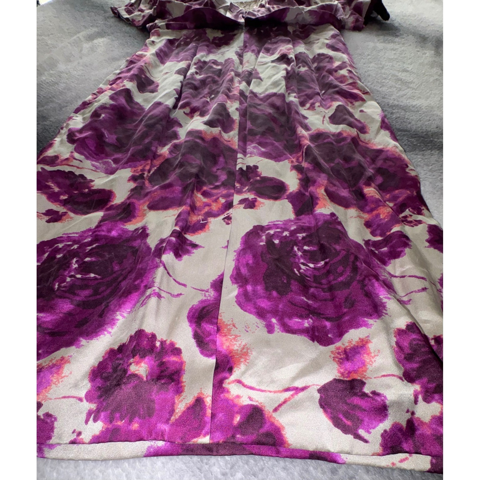 (B5) Moda International Silk Purple Floral Rose Puff Sleeve Midi Dress 14 NWOT