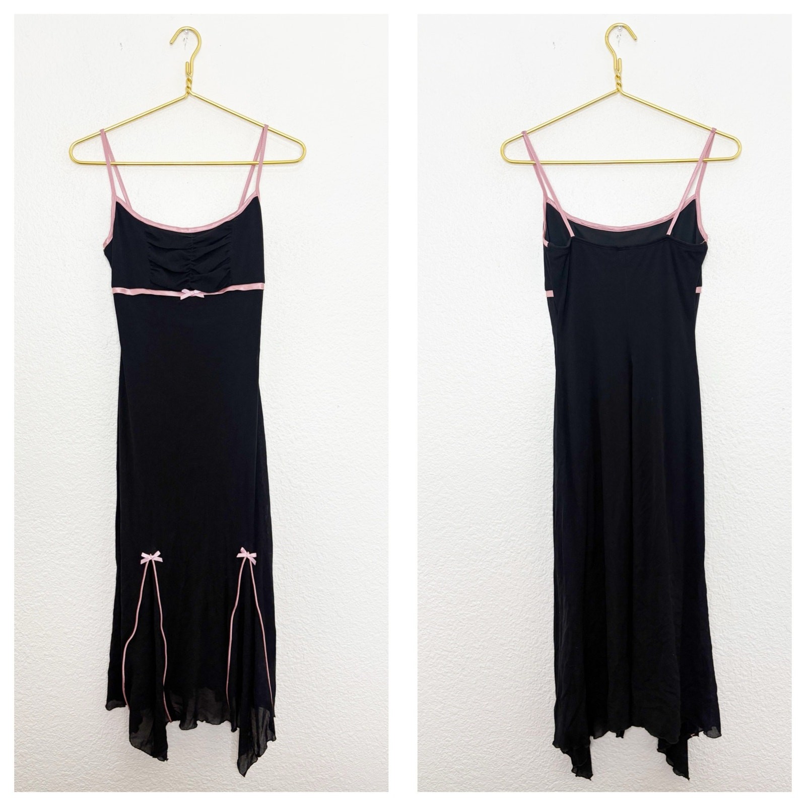 Vintage Y2K Whimsigoth Fairy Bow Midi Dress Black Pink Asymmetric Hem