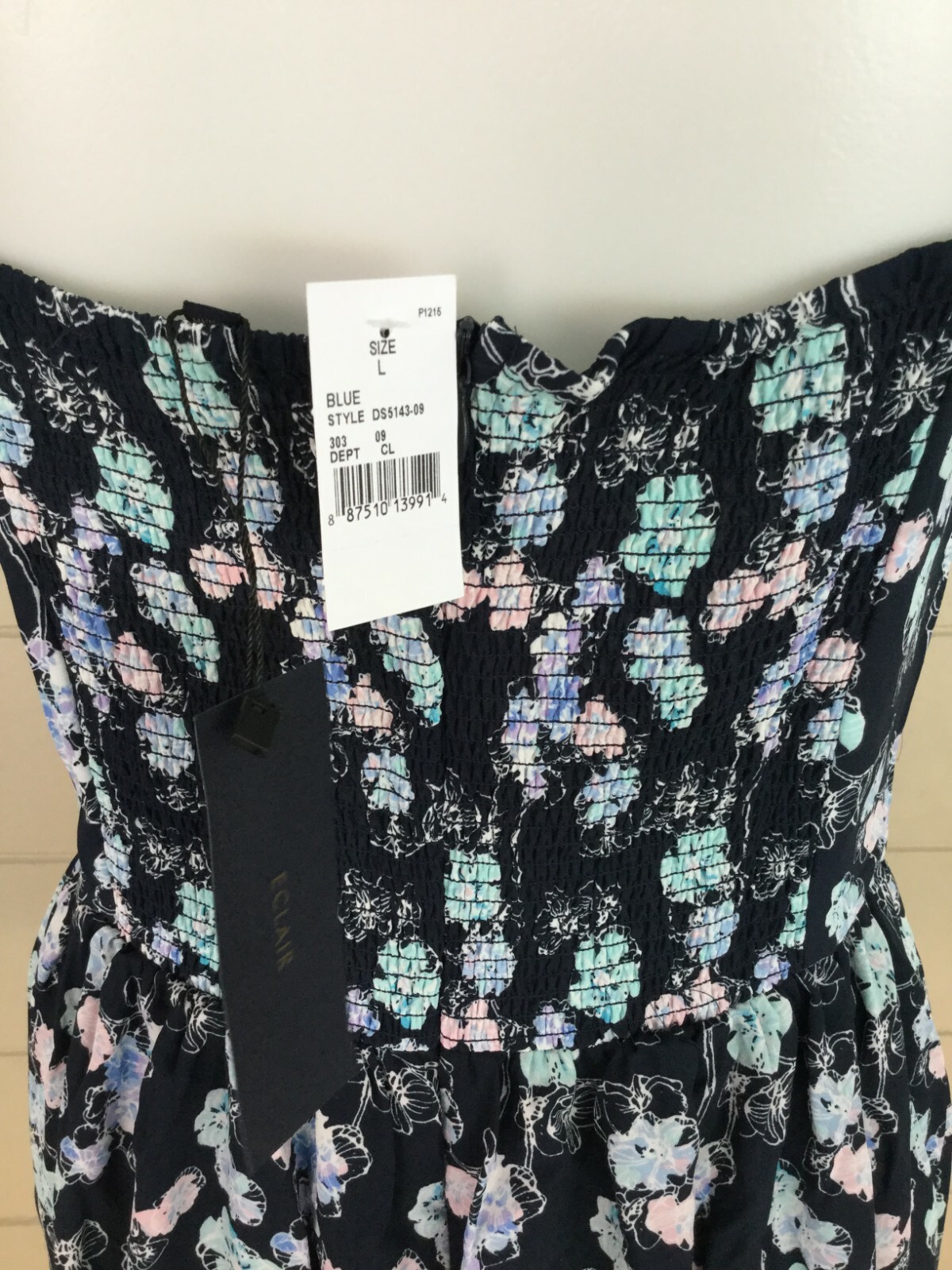 Eclair Blue Floral Dress Smocked-Back Size Large Navy Fit & Flare Beach Sundress