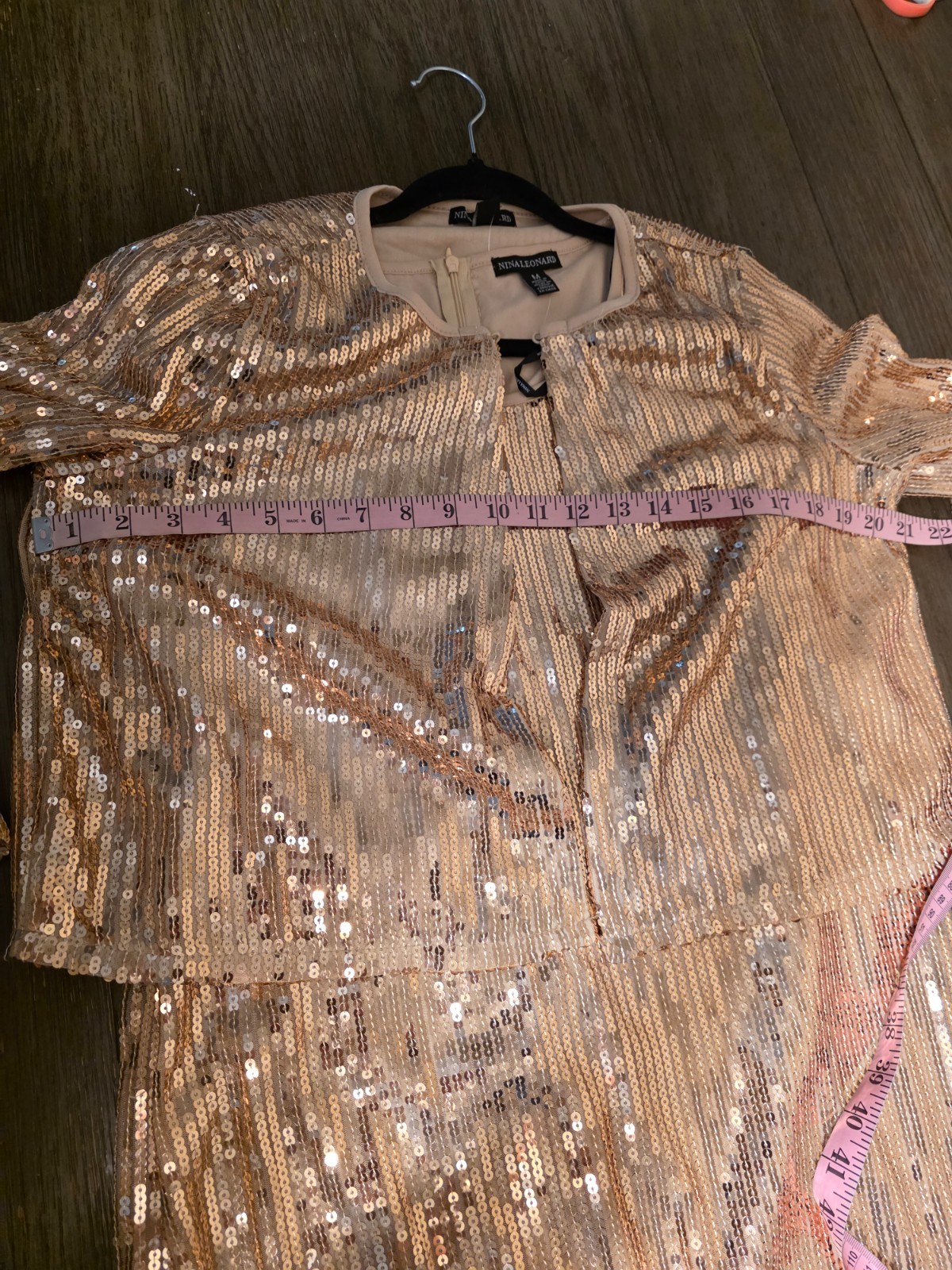 Nina Leonard Sequin Sheath Dress & Sequin Bolero Set NWT Champagne Med