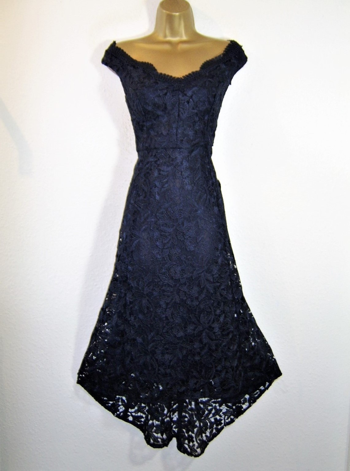 DEBUT NAVY BLUE LACE DIP HEM WEDDING GUEST EVENING PARTY OCCASION DRESS UK 16