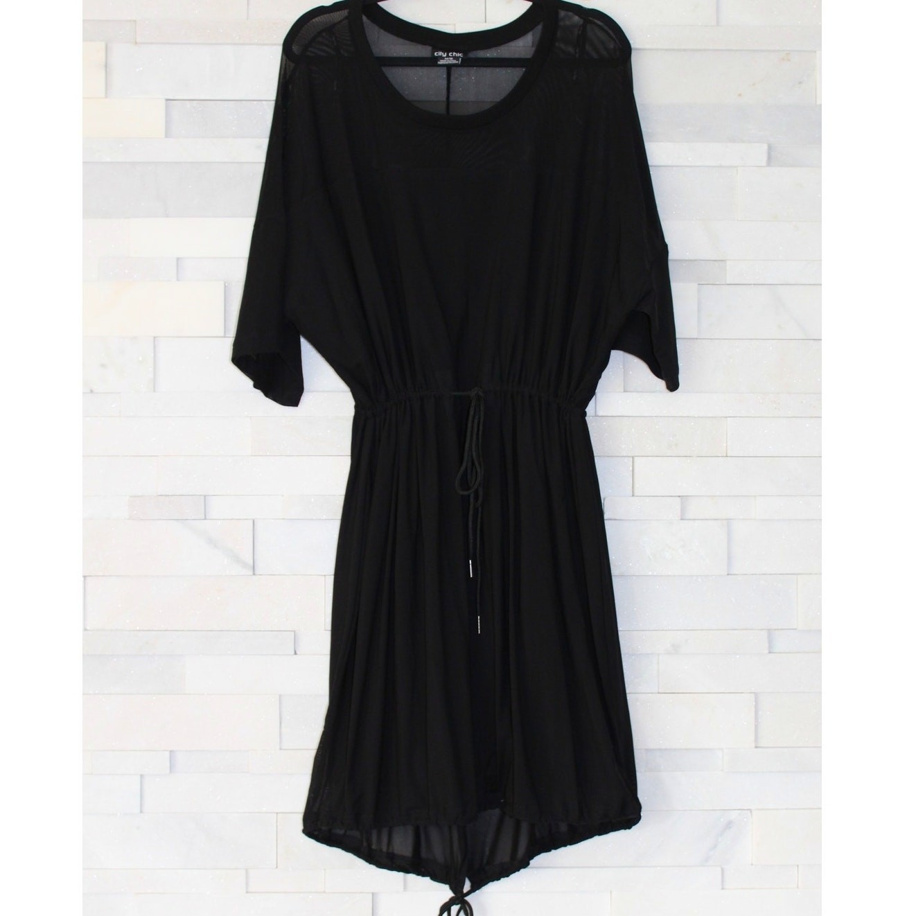 CITY CHIC Sheer Mesh Overlay Drawstring Waist/Hem Stretch Midi Dress Black M/18
