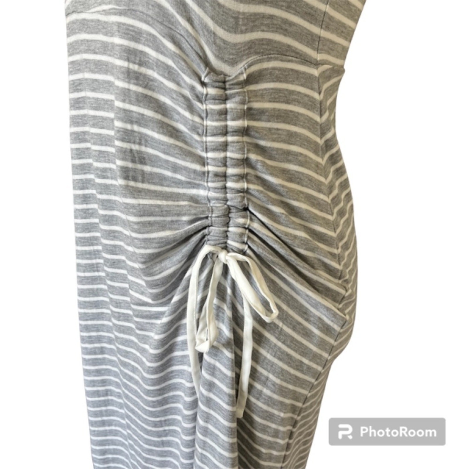 CAbi Maxi Dress Easy Style #5974 Small Grey White Stripe Ruching Stretchy Comfy