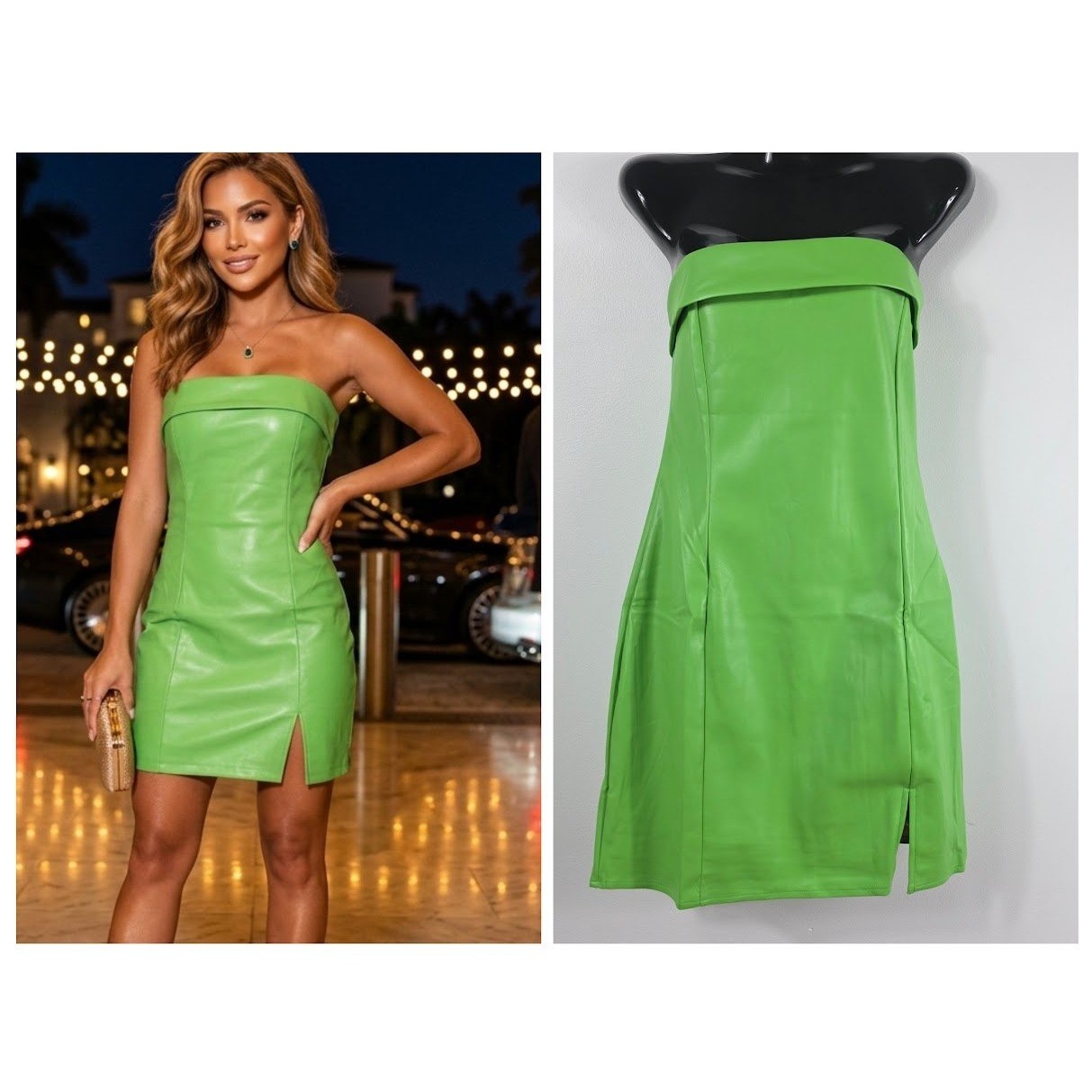 Sky to Moon Faux Leather Mini Dress Womens Large Green Strapless Bodycon Slit