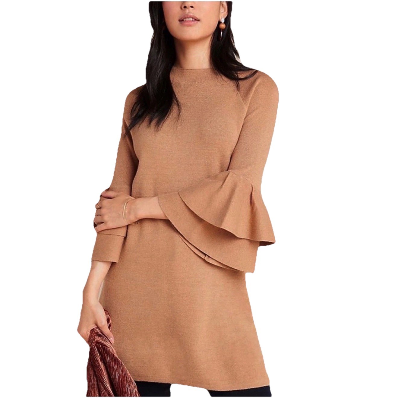 Anthropologie Sweater Dress Sz Large Bell Sleeve Tunic Camel Metallic Knit