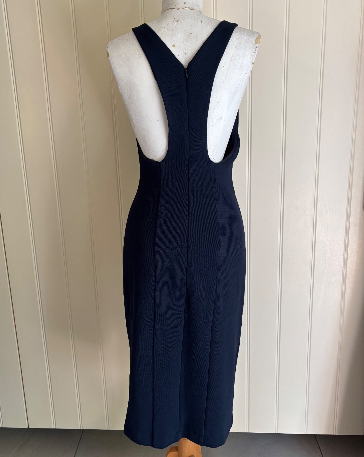 DRESS Kookai Bodycon Midi Navy Stretch Sleeveless Deep V-neck Racer back Sz 38