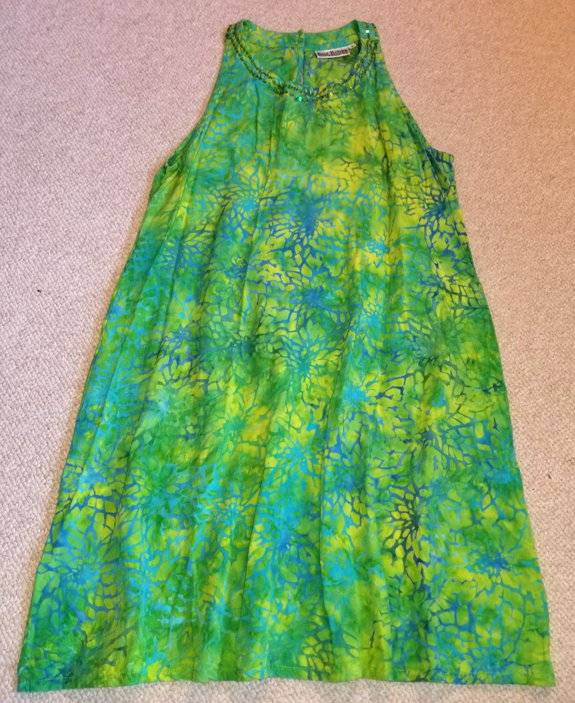 Womens Dress-BALI BATIKS-green/blue ‘Hand Painted Resort Wear’ beachy Coastal-M