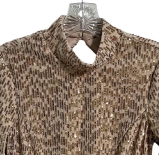 Francesca’s Blue Rain Mock Neck Sequin Mini Dress Womens S Beige Gold Open Back