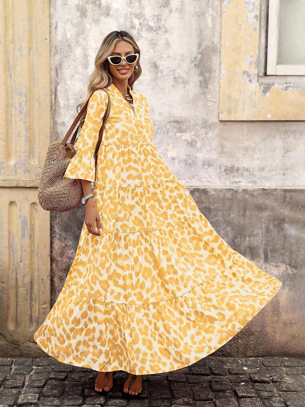 Cute Women’s Yellow Ruffle Hem Long Dress