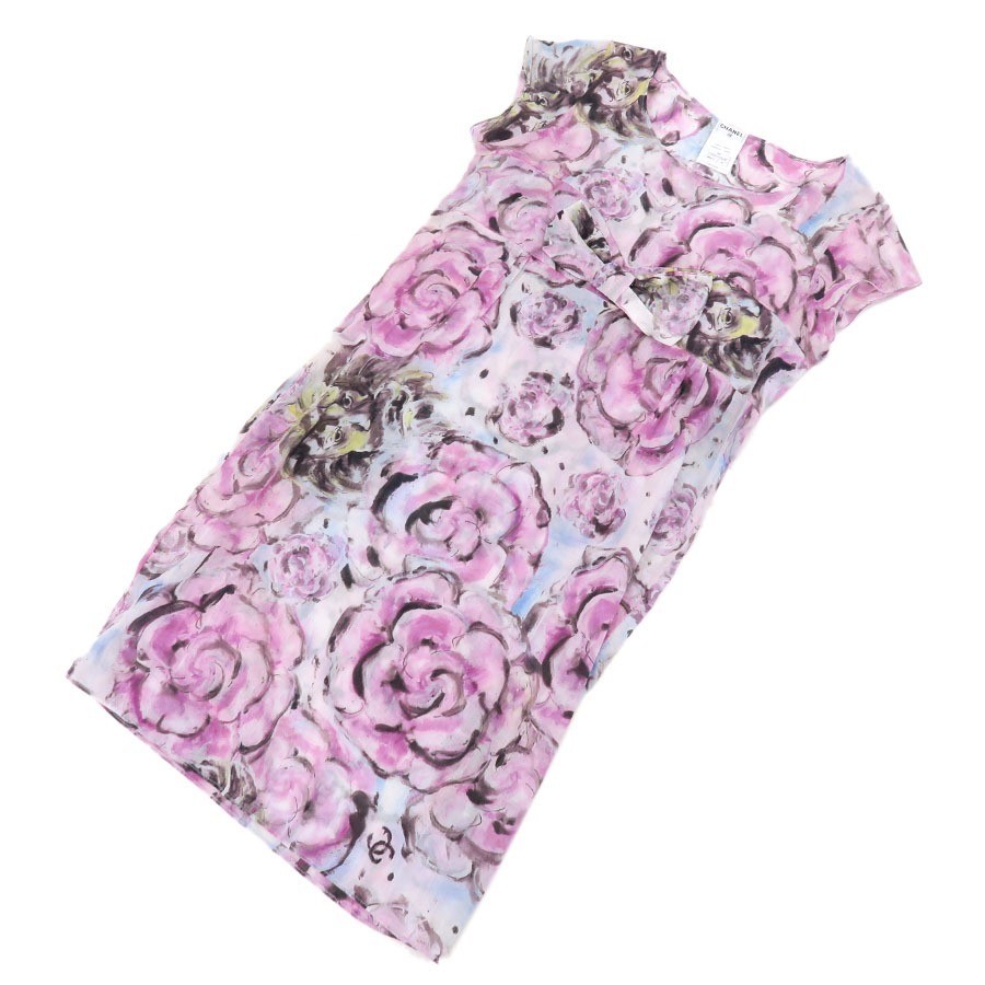 CHANEL Authentic Women’s Dress Pink Camellia Pattern Flower Cotton Ribbon 09P