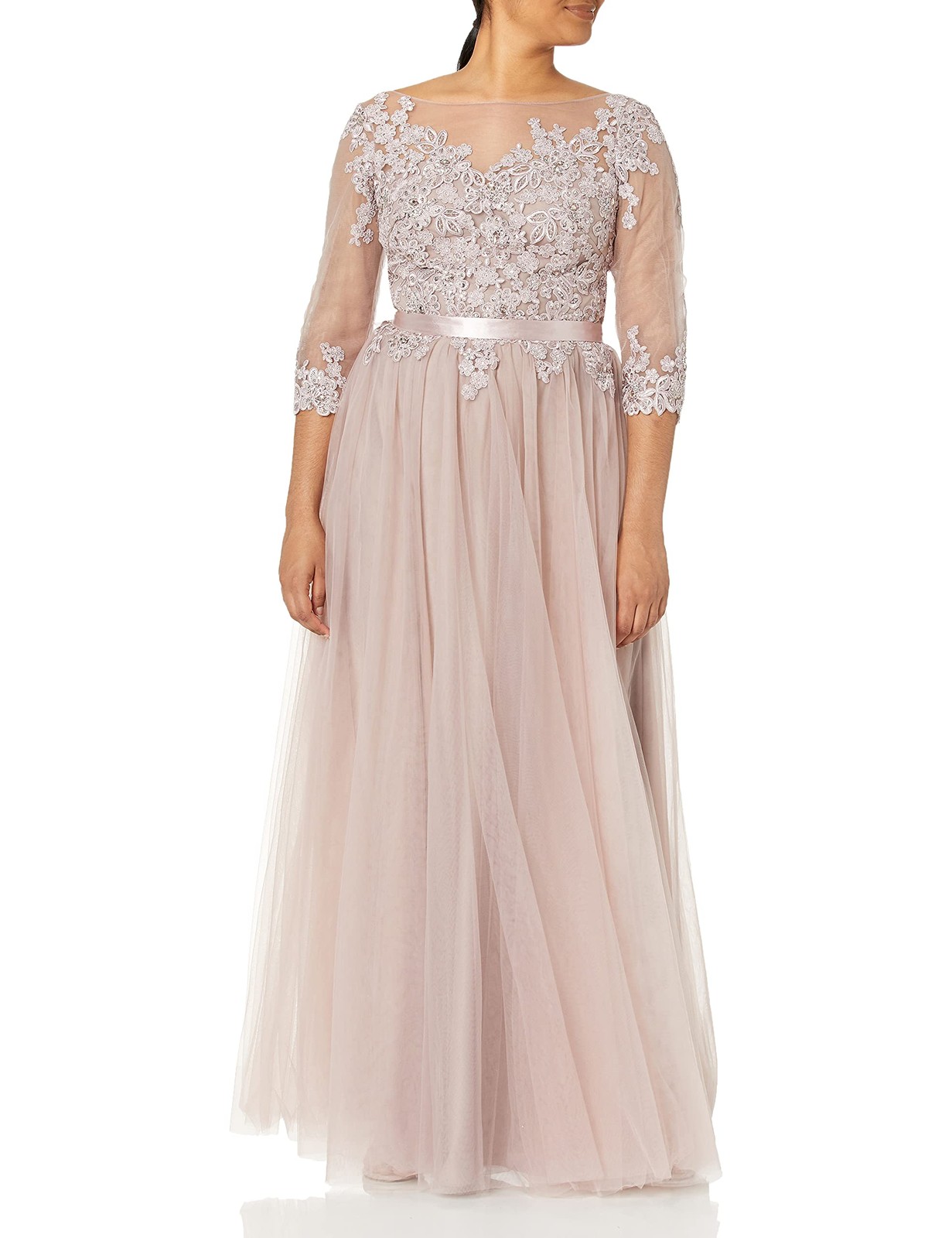 Cachet Women’s Beaded Applique Bracelet Sleeve Illusion Neck Ballgown, Mauve, 12