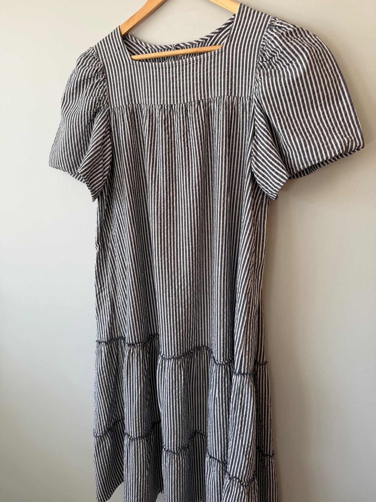 Next Navy Striped Tiered Puff Sleeve Cotton Dress UK 16 Keyhole Back