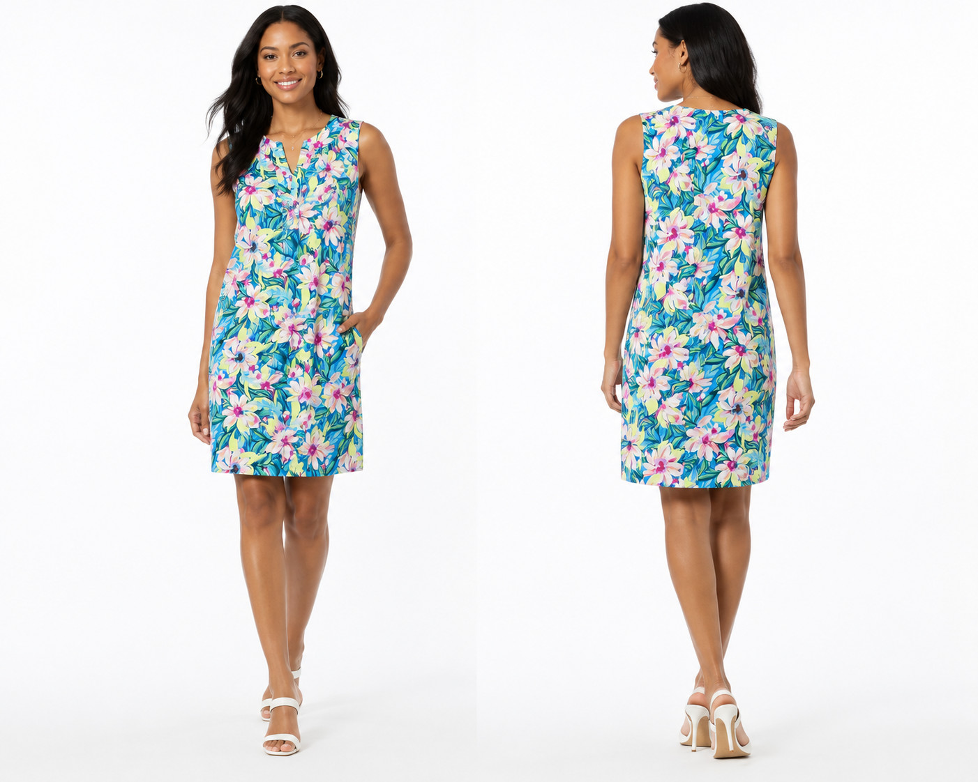 Caribbean Joe Women’s Tropical Floral Sleeveless Blue Pink Shift Dress Large