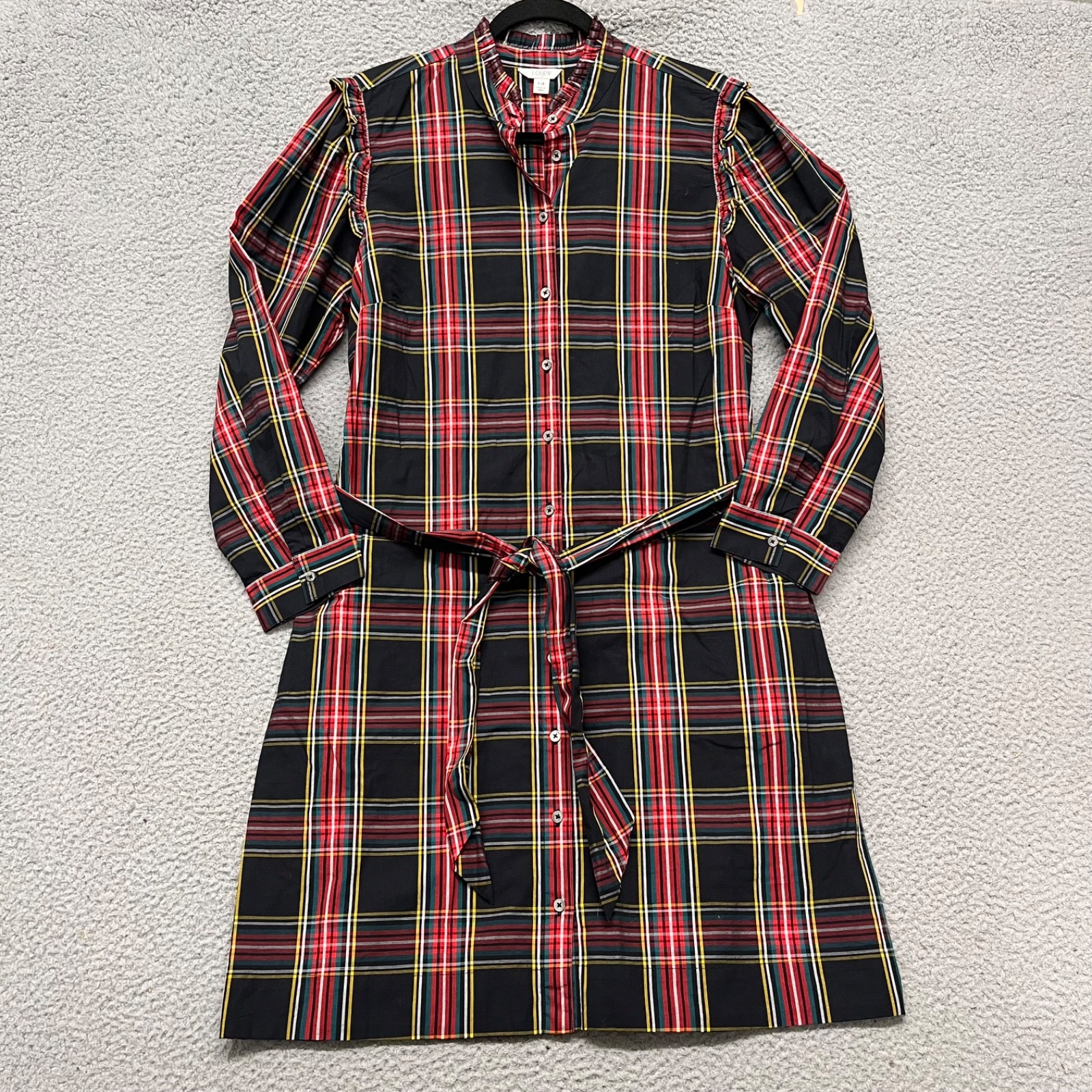 J Crew Shirt Dress Womens 14 Black Plaid Belted Preppy Classic Holiday Ruffle