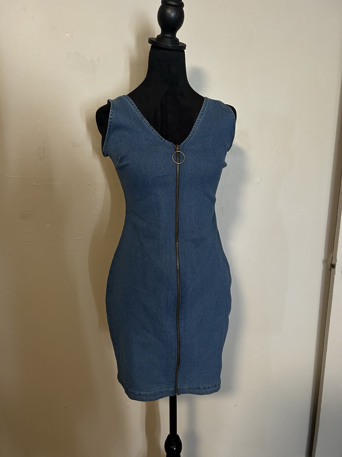 Derek Heart S Blue Denim Cotton Blend V-Neck Zip Front Stretch Bodycon Mini